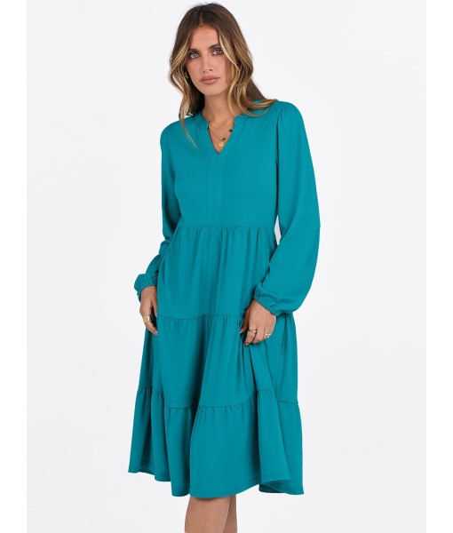 ANRABESS Long Sleeve Midi Dresses for Women V Neck 2025 Fall Fashion Casual Loose Fit Flowy Swing Tiered Vacation Boho Dress