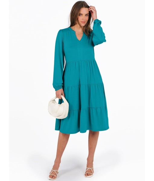 ANRABESS Long Sleeve Midi Dresses for Women V Neck 2025 Fall Fashion Casual Loose Fit Flowy Swing Tiered Vacation Boho Dress
