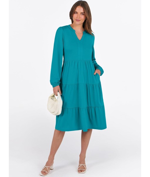 ANRABESS Long Sleeve Midi Dresses for Women V Neck 2025 Fall Fashion Casual Loose Fit Flowy Swing Tiered Vacation Boho Dress