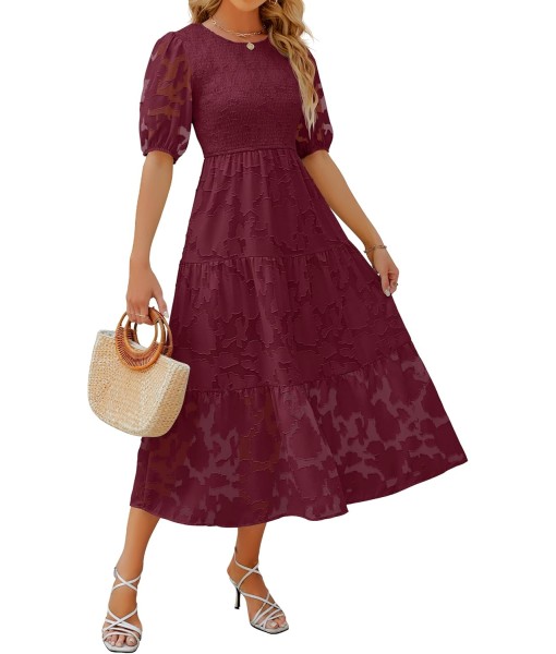ZESICA Women's 2025 Summer Short Puff Sleeve Crewneck Smocked Floral Lace Flowy A Line Tiered Maxi Dresses