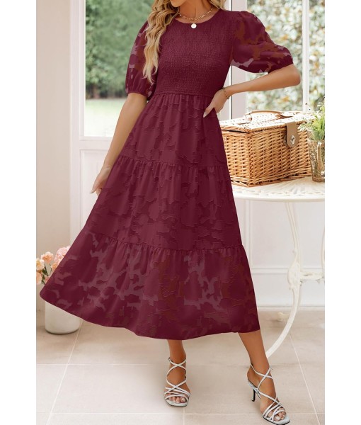 ZESICA Women's 2025 Summer Short Puff Sleeve Crewneck Smocked Floral Lace Flowy A Line Tiered Maxi Dresses