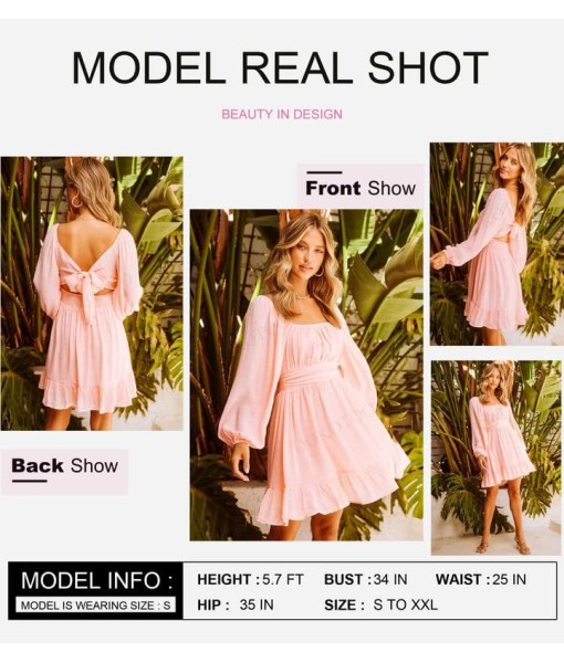 Dokotoo Womens Dress Long Lantern Sleeve Square Neck Tie Backless Sexy Dress Ruffle Elastic Waist A-Line Mini Dress