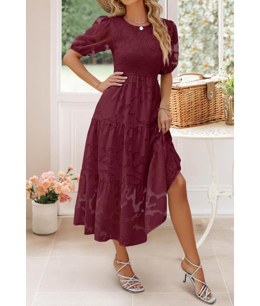 ZESICA Women's 2025 Summer Short Puff Sleeve Crewneck Smocked Floral Lace Flowy A Line Tiered Maxi Dresses