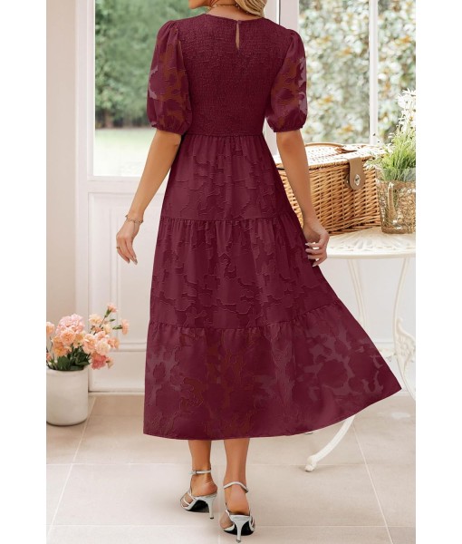ZESICA Women's 2025 Summer Short Puff Sleeve Crewneck Smocked Floral Lace Flowy A Line Tiered Maxi Dresses