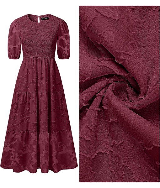 ZESICA Women's 2025 Summer Short Puff Sleeve Crewneck Smocked Floral Lace Flowy A Line Tiered Maxi Dresses