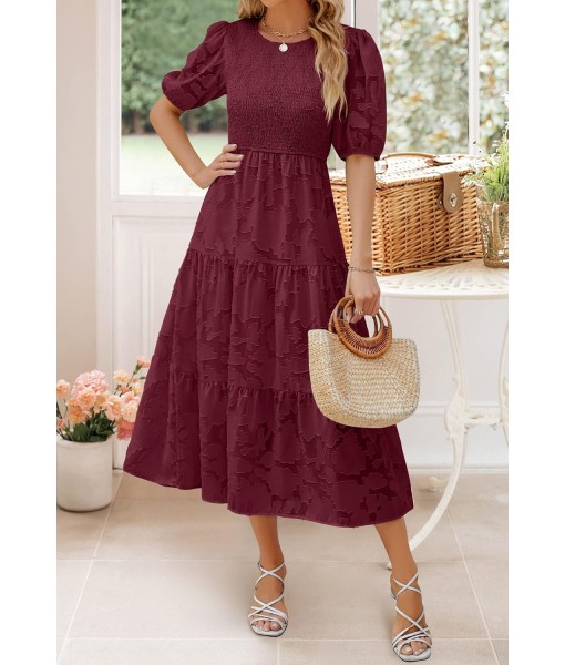 ZESICA Women's 2025 Summer Short Puff Sleeve Crewneck Smocked Floral Lace Flowy A Line Tiered Maxi Dresses