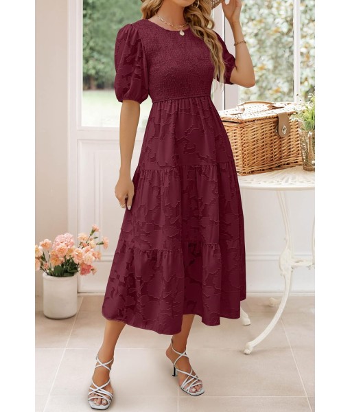 ZESICA Women's 2025 Summer Short Puff Sleeve Crewneck Smocked Floral Lace Flowy A Line Tiered Maxi Dresses