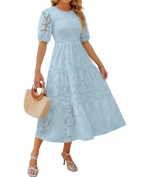 ZESICA Women's 2025 Summer Short Puff Sleeve Crewneck Smocked Floral Lace Flowy A Line Tiered Maxi Dresses