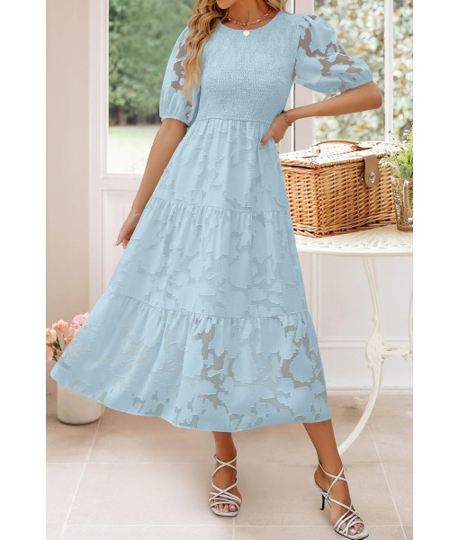 ZESICA Women's 2025 Summer Short Puff Sleeve Crewneck Smocked Floral Lace Flowy A Line Tiered Maxi Dresses