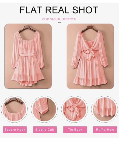 Dokotoo Womens Dress Long Lantern Sleeve Square Neck Tie Backless Sexy Dress Ruffle Elastic Waist A-Line Mini Dress