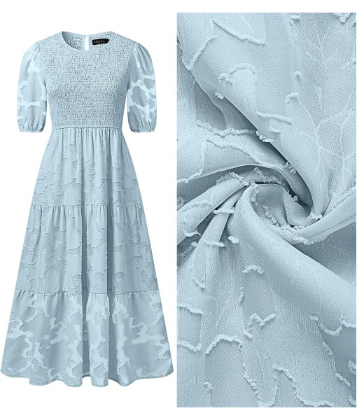 ZESICA Women's 2025 Summer Short Puff Sleeve Crewneck Smocked Floral Lace Flowy A Line Tiered Maxi Dresses