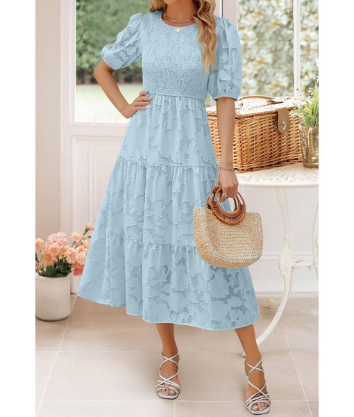 ZESICA Women's 2025 Summer Short Puff Sleeve Crewneck Smocked Floral Lace Flowy A Line Tiered Maxi Dresses