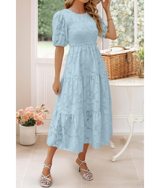 ZESICA Women's 2025 Summer Short Puff Sleeve Crewneck Smocked Floral Lace Flowy A Line Tiered Maxi Dresses
