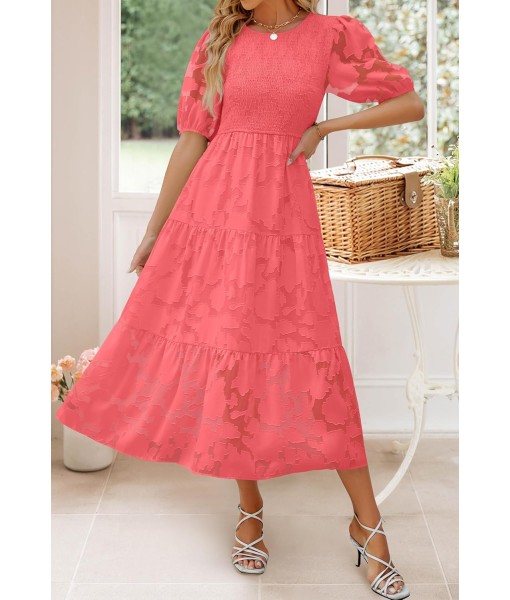 ZESICA Women's 2025 Summer Short Puff Sleeve Crewneck Smocked Floral Lace Flowy A Line Tiered Maxi Dresses