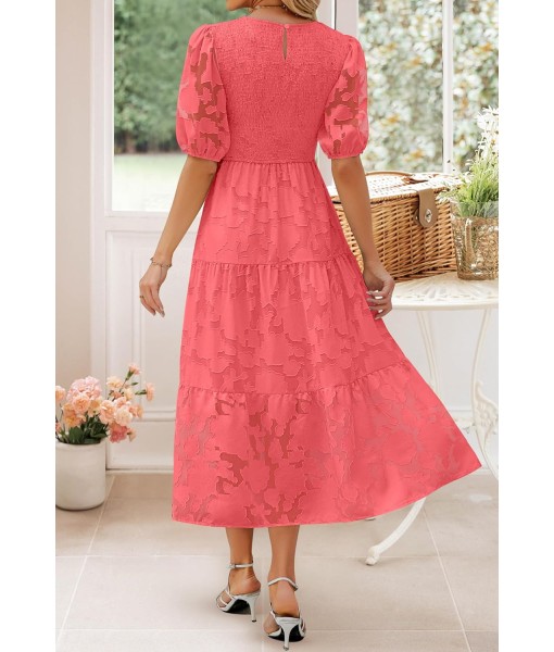 ZESICA Women's 2025 Summer Short Puff Sleeve Crewneck Smocked Floral Lace Flowy A Line Tiered Maxi Dresses