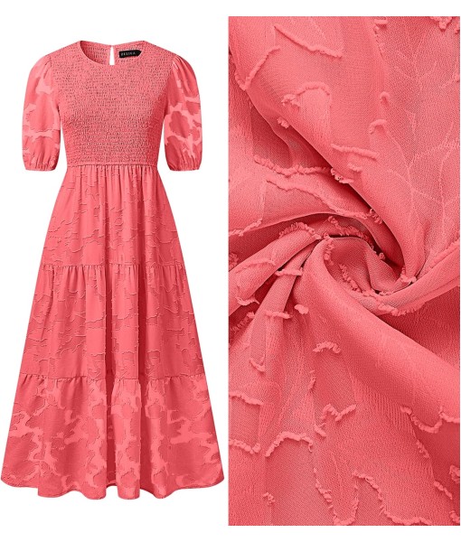 ZESICA Women's 2025 Summer Short Puff Sleeve Crewneck Smocked Floral Lace Flowy A Line Tiered Maxi Dresses