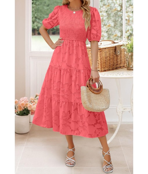 ZESICA Women's 2025 Summer Short Puff Sleeve Crewneck Smocked Floral Lace Flowy A Line Tiered Maxi Dresses