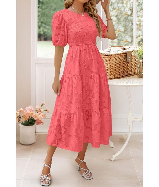 ZESICA Women's 2025 Summer Short Puff Sleeve Crewneck Smocked Floral Lace Flowy A Line Tiered Maxi Dresses