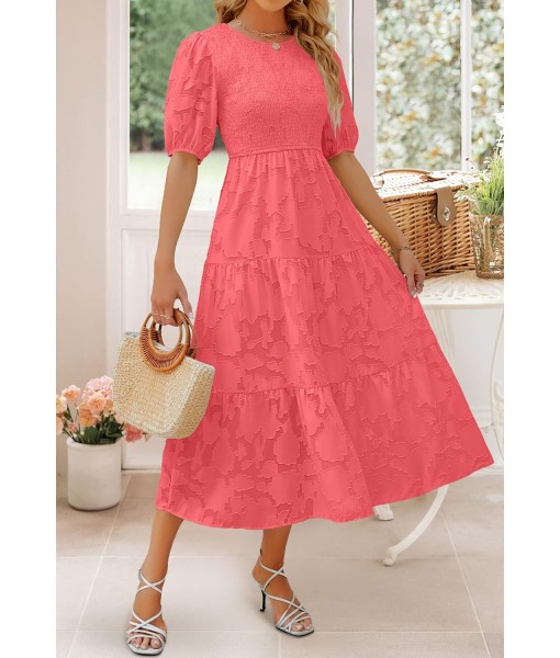 ZESICA Women's 2025 Summer Short Puff Sleeve Crewneck Smocked Floral Lace Flowy A Line Tiered Maxi Dresses