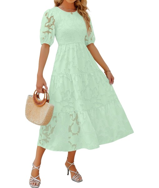 ZESICA Women's 2025 Summer Short Puff Sleeve Crewneck Smocked Floral Lace Flowy A Line Tiered Maxi Dresses