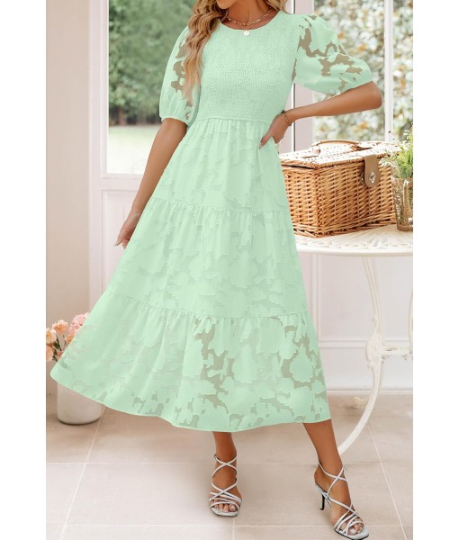 ZESICA Women's 2025 Summer Short Puff Sleeve Crewneck Smocked Floral Lace Flowy A Line Tiered Maxi Dresses
