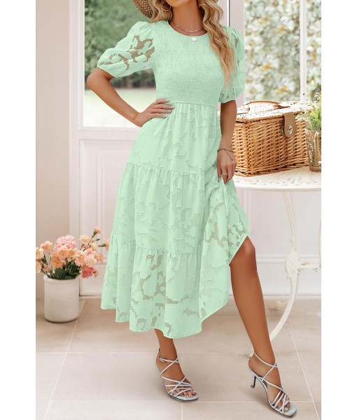 ZESICA Women's 2025 Summer Short Puff Sleeve Crewneck Smocked Floral Lace Flowy A Line Tiered Maxi Dresses