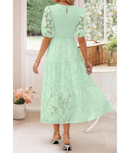 ZESICA Women's 2025 Summer Short Puff Sleeve Crewneck Smocked Floral Lace Flowy A Line Tiered Maxi Dresses