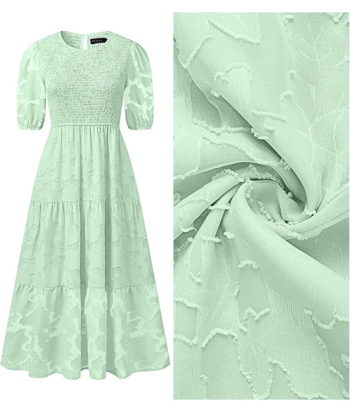 ZESICA Women's 2025 Summer Short Puff Sleeve Crewneck Smocked Floral Lace Flowy A Line Tiered Maxi Dresses