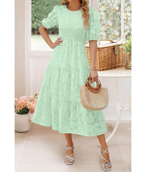 ZESICA Women's 2025 Summer Short Puff Sleeve Crewneck Smocked Floral Lace Flowy A Line Tiered Maxi Dresses