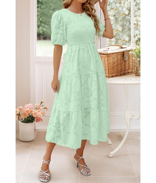 ZESICA Women's 2025 Summer Short Puff Sleeve Crewneck Smocked Floral Lace Flowy A Line Tiered Maxi Dresses