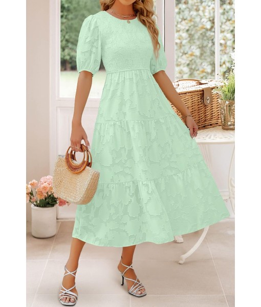 ZESICA Women's 2025 Summer Short Puff Sleeve Crewneck Smocked Floral Lace Flowy A Line Tiered Maxi Dresses