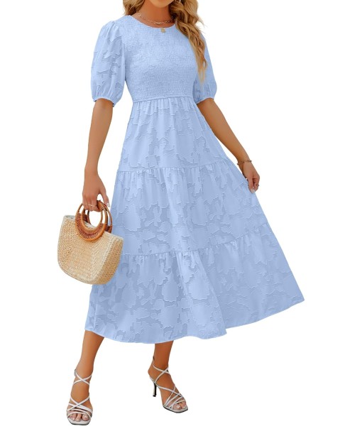 ZESICA Women's 2025 Summer Short Puff Sleeve Crewneck Smocked Floral Lace Flowy A Line Tiered Maxi Dresses
