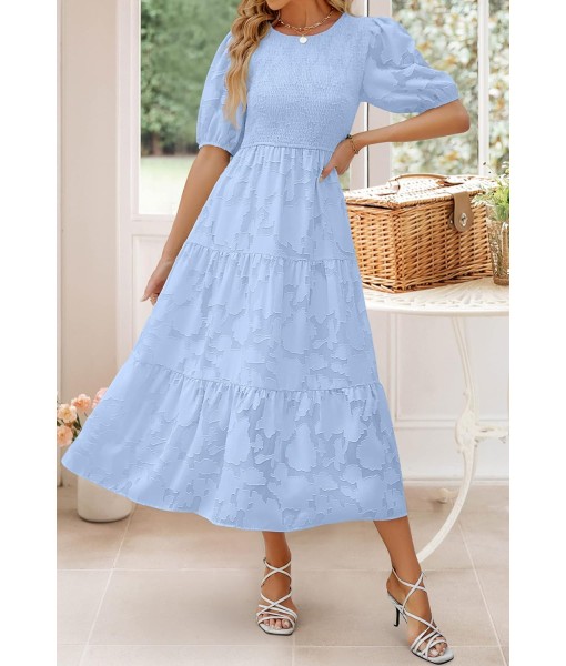 ZESICA Women's 2025 Summer Short Puff Sleeve Crewneck Smocked Floral Lace Flowy A Line Tiered Maxi Dresses