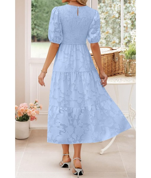 ZESICA Women's 2025 Summer Short Puff Sleeve Crewneck Smocked Floral Lace Flowy A Line Tiered Maxi Dresses