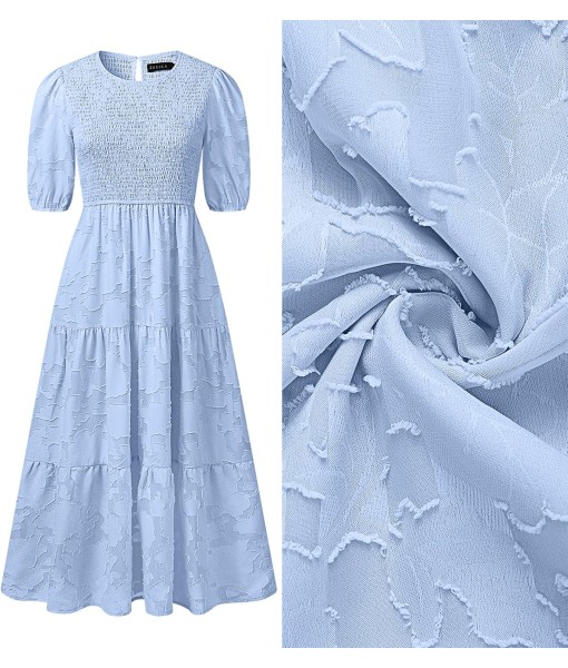 ZESICA Women's 2025 Summer Short Puff Sleeve Crewneck Smocked Floral Lace Flowy A Line Tiered Maxi Dresses