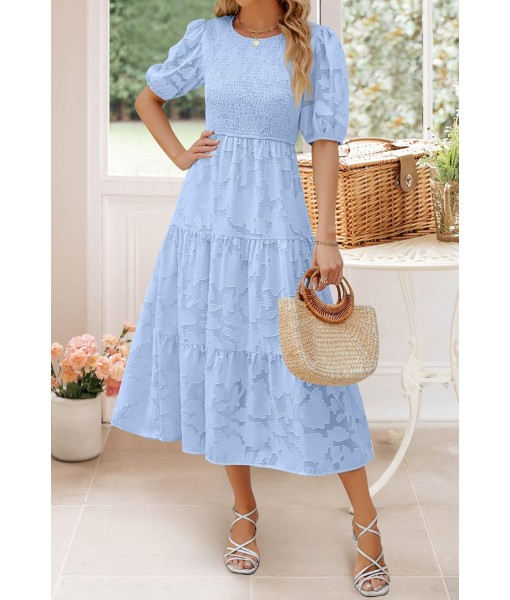 ZESICA Women's 2025 Summer Short Puff Sleeve Crewneck Smocked Floral Lace Flowy A Line Tiered Maxi Dresses