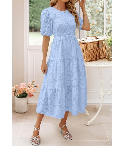 ZESICA Women's 2025 Summer Short Puff Sleeve Crewneck Smocked Floral Lace Flowy A Line Tiered Maxi Dresses