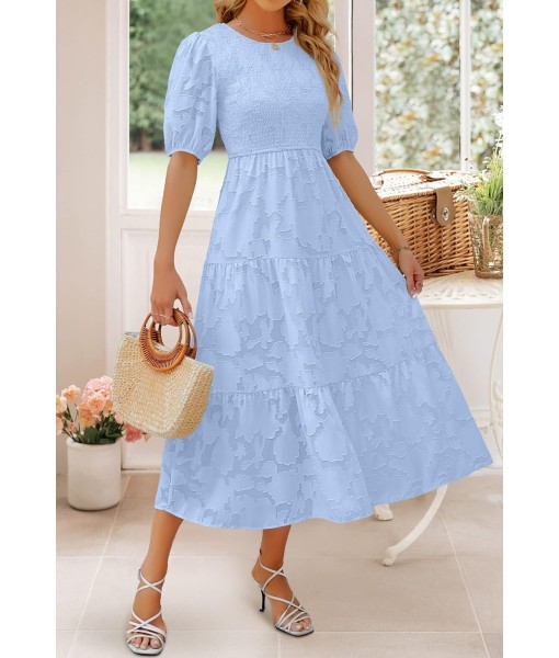 ZESICA Women's 2025 Summer Short Puff Sleeve Crewneck Smocked Floral Lace Flowy A Line Tiered Maxi Dresses