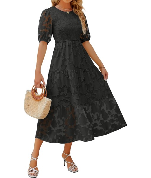ZESICA Women's 2025 Summer Short Puff Sleeve Crewneck Smocked Floral Lace Flowy A Line Tiered Maxi Dresses