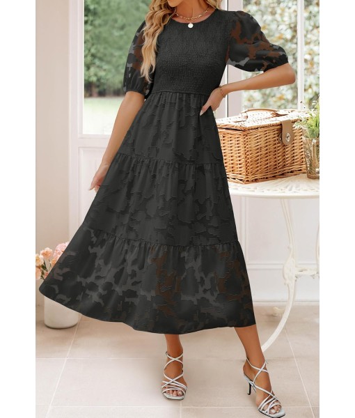 ZESICA Women's 2025 Summer Short Puff Sleeve Crewneck Smocked Floral Lace Flowy A Line Tiered Maxi Dresses
