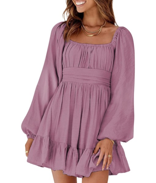 Dokotoo Womens Dress Long Lantern Sleeve Square Neck Tie Backless Sexy Dress Ruffle Elastic Waist A-Line Mini Dress