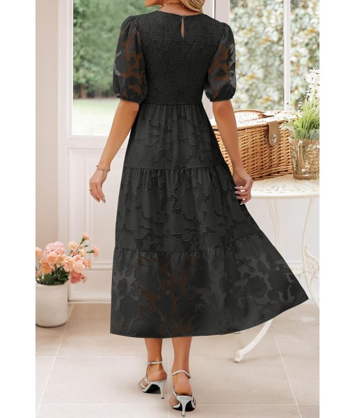 ZESICA Women's 2025 Summer Short Puff Sleeve Crewneck Smocked Floral Lace Flowy A Line Tiered Maxi Dresses