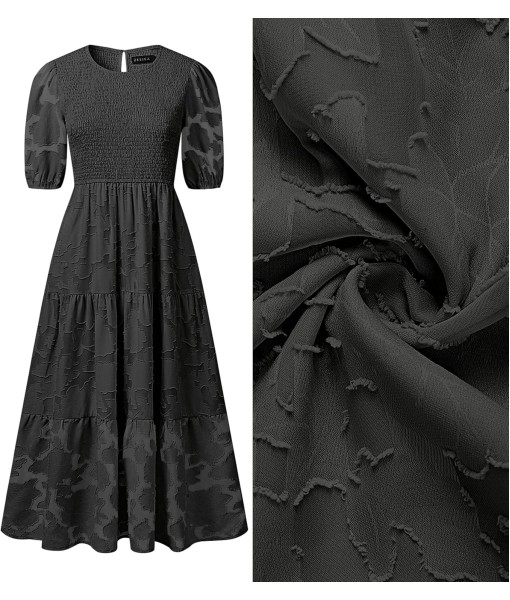 ZESICA Women's 2025 Summer Short Puff Sleeve Crewneck Smocked Floral Lace Flowy A Line Tiered Maxi Dresses