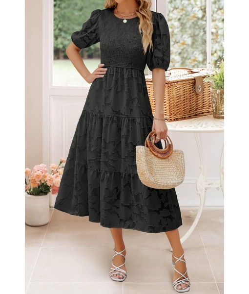 ZESICA Women's 2025 Summer Short Puff Sleeve Crewneck Smocked Floral Lace Flowy A Line Tiered Maxi Dresses