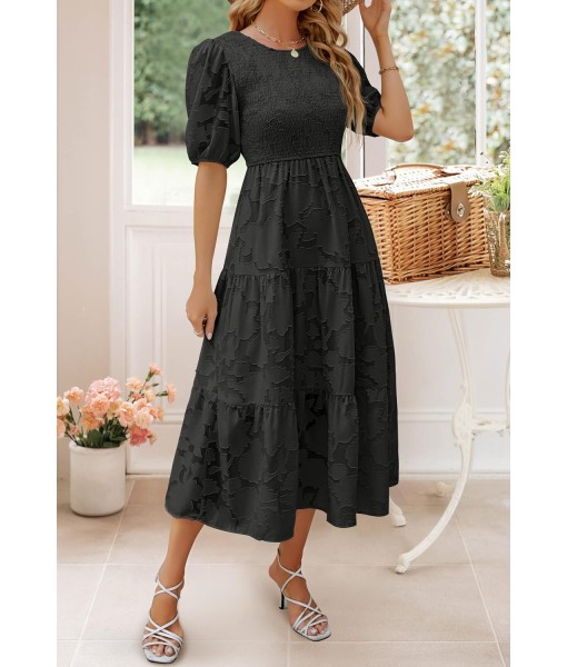 ZESICA Women's 2025 Summer Short Puff Sleeve Crewneck Smocked Floral Lace Flowy A Line Tiered Maxi Dresses