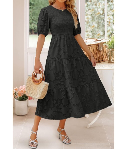 ZESICA Women's 2025 Summer Short Puff Sleeve Crewneck Smocked Floral Lace Flowy A Line Tiered Maxi Dresses
