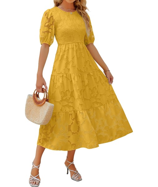 ZESICA Women's 2025 Summer Short Puff Sleeve Crewneck Smocked Floral Lace Flowy A Line Tiered Maxi Dresses