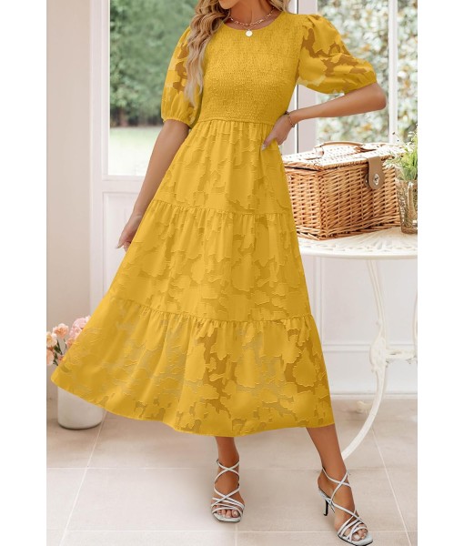 ZESICA Women's 2025 Summer Short Puff Sleeve Crewneck Smocked Floral Lace Flowy A Line Tiered Maxi Dresses