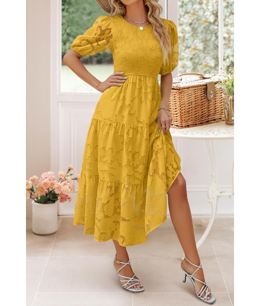 ZESICA Women's 2025 Summer Short Puff Sleeve Crewneck Smocked Floral Lace Flowy A Line Tiered Maxi Dresses