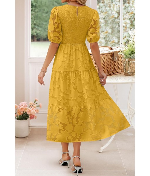 ZESICA Women's 2025 Summer Short Puff Sleeve Crewneck Smocked Floral Lace Flowy A Line Tiered Maxi Dresses